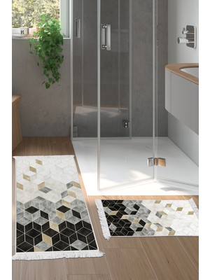 Dekoreko Dijital 2'li Banyo Paspas Takımı Yıldız Deri Kaymaz Taban Saçaklı Iskandinav Stephania Krem