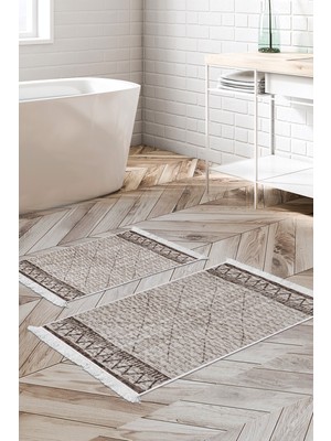 Dekoreko Dijital 2'li Banyo Paspas Takımı Yıldız Deri Kaymaz Taban Saçaklı Iskandinav Farah Kahve