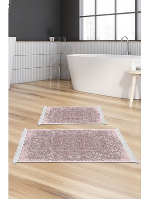 Dekoreko Dijital 2'li Banyo Paspas Takımı Trend Keçe Kaymaz Taban Saçaklı Modern Katrina  Pudra
