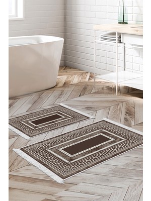 Dekoreko Dijital 2'li Banyo Paspas Takımı Trend Keçe Kaymaz Taban Saçaklı Modern Carmel Kahve