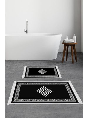 Dekoreko Dijital 2'li Banyo Paspas Takımı Trend Keçe Kaymaz Taban Saçaklı Modern Kathryn  Siyah