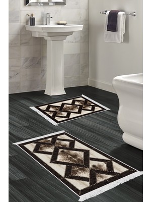 Dekoreko Dijital 2'li Banyo Paspas Takımı Trend Keçe Kaymaz Taban Saçaklı Modern Posy Kahve