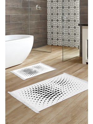 Dekoreko Dijital 2'li Banyo Paspas Takımı Trend Keçe Kaymaz Taban Saçaklı Modern Willow Krem