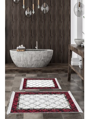 Dekoreko Dijital 2'li Banyo Paspas Takımı Trend Keçe Kaymaz Taban Saçaklı Modern Doreen Bordo