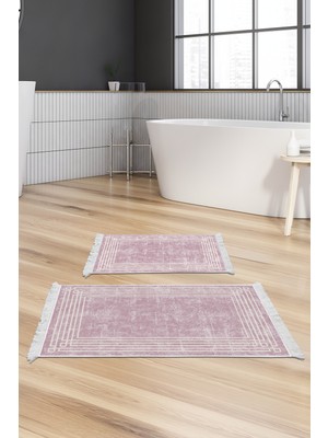 Dekoreko Dijital 2'li Banyo Paspas Takımı Trend Keçe Kaymaz Taban Saçaklı Modern Shelbi Pudra