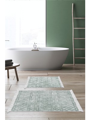 Dekoreko Dijital 2'li Banyo Paspas Takımı Yıldız Deri Kaymaz Taban Saçaklı Iskandinav Nydia Yeşil