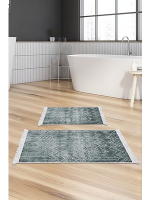 Dekoreko Dijital 2'li Banyo Paspas Takımı Yıldız Deri Kaymaz Taban Saçaklı Iskandinav Mel Yeşil