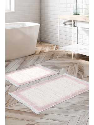 Dekoreko Dijital 2'li Banyo Paspas Takımı Yıldız Deri Kaymaz Taban Saçaklı Modern Evelina  Pudra