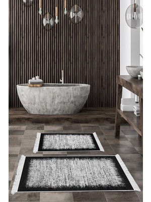 Dekoreko Dijital 2'li Banyo Paspas Takımı Yıldız Deri Kaymaz Taban Saçaklı Modern Evelina  Siyah