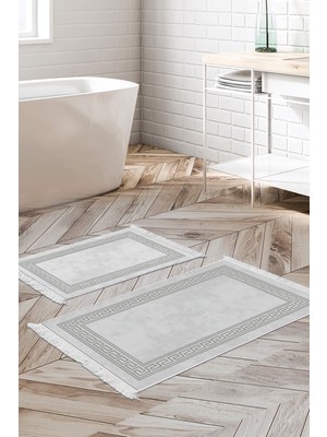 Dekoreko Dijital 2'li Banyo Paspas Takımı Yıldız Deri Kaymaz Taban Saçaklı Modern Cassietta Gri