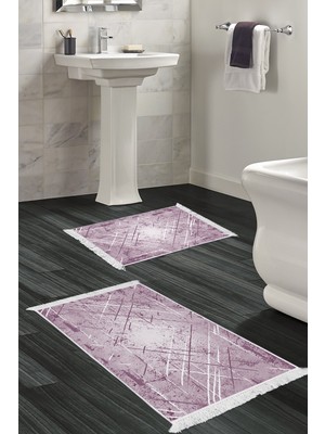 Dekoreko Dijital 2'li Banyo Paspas Takımı Yıldız Deri Kaymaz Taban Saçaklı Modern Allissa Mor