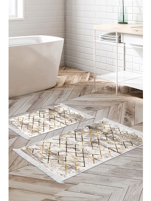 Dekoreko Dijital 2'li Banyo Paspas Takımı Yıldız Deri Kaymaz Taban Saçaklı Modern Brooklyn Gold