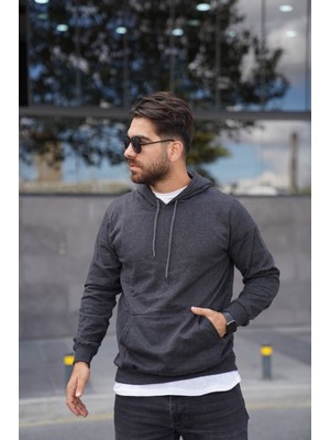 Sweatshirt Erkek Kapüşonlu Kanguru Cep Detaylı Siyah Sweatshirt