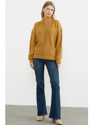 Sementa Yarım Balıkçı Yaka  Fermuarlı Triko Kazak - Güneş