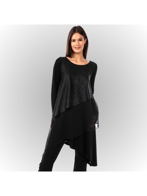 Etkimod Kadın Siyah Geniş Beden Şifonlu ve Deri Garnili Tunik