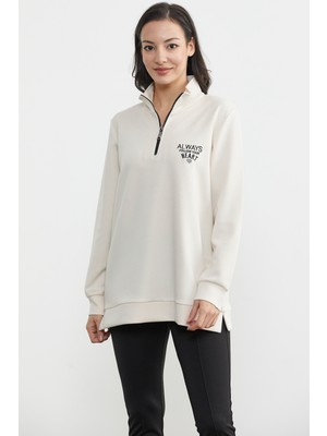 Sementa Dik Yaka Yarım Fermuarlı Sweatshirt - Bej