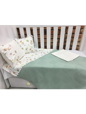 Buse Baby Home Yeşil , Çocuk Çok Amaçlı Poplin ,pikeli ve Ponponlu Nevresim Takımı 6'lı Set