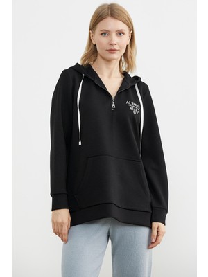 Sementa Yarım Fermuarlı Kapüşonlu Sweatshirt - Siyah