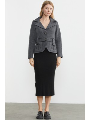 Sementa Suni Deri Biyeli Triko Ceket - Koyu Gri - Siyah