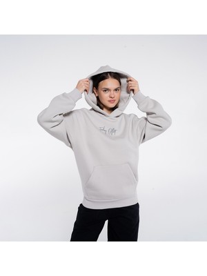 Friday Offset Ocho Kadın Açık Gri Kanguru Cepli Kapüşonlu Oversize Sweatshirt Hoodie