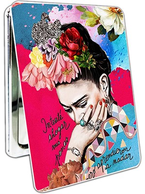İşte Bu Frida Kahlo Baskılı Dikdörtgen Kişiye Özel Isim Baskılı Cep Aynası 8x6 cm (Kapaklı ve Büyüteçli)