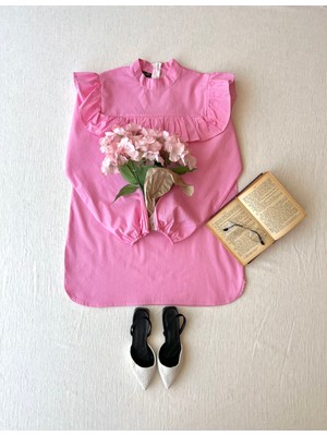 Küçüğüm Butik Pembe Puantiyeli Fırfırlı Poplin Tunik