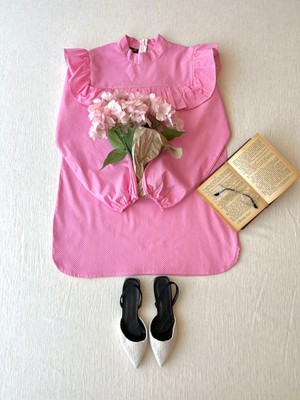 Küçüğüm Butik Pembe Puantiyeli Fırfırlı Poplin Tunik