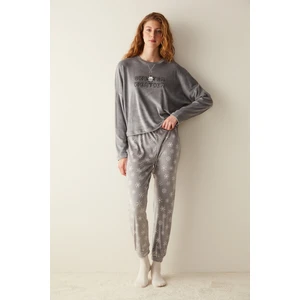Penguen Baskılı Fuzzy Sweatshirt Gri Pijama Üstü