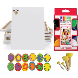 çocuklar için parmak boyası seti 25x35 tuval + pon pon fırçalı baskı kalıplı 23 parçalı set