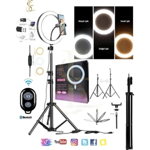 Kumandalı Youtuber Tiktok Çekim Işıklı Telefon Tutucu Makyaj Işığı Ring Light 10 Inç + 2.1 M Tripod