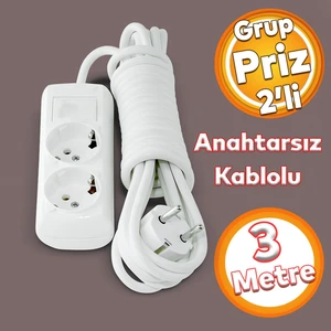 Topraklı Grup Priz Fiş Çoğaltıcı 3 Metre Çoklu Kablolu 2'li Asmalı Uzatma Kablosu Anahtarsız