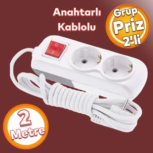 Grup Priz Fiş Çoğaltıcı 2 Metre Topraklı Anahtarlı Düğmeli Çoklu Kablolu 2'li Asmalı Uzatma