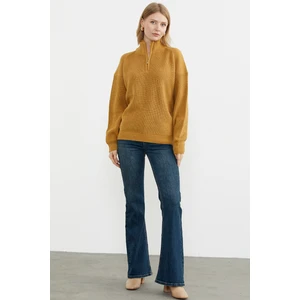 Yarım Balıkçı Yaka  Fermuarlı Triko Kazak - Güneş