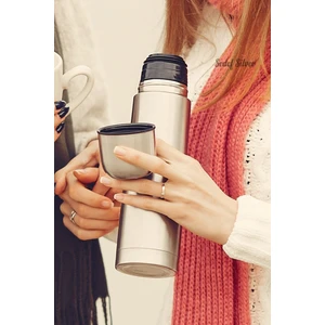 Sedef Silver Aç Kapat Düğmeli Kapağı Bardaklı Çantalı Paslanmaz Çelik 500 ml Çay Kahve Termos Bardak 511