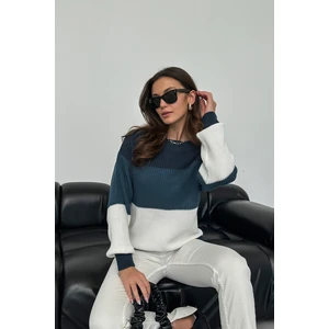 Nosia Fashion Renk Bloklu Örgü Desenli Triko Kazak