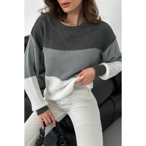Nosia Fashion Renk Bloklu Örgü Desenli Triko Kazak