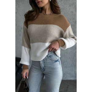 Nosia Fashion Renk Bloklu Örgü Desenli Triko Kazak