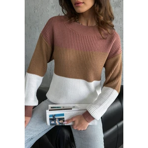 Nosia Fashion Renk Bloklu Örgü Desenli Triko Kazak