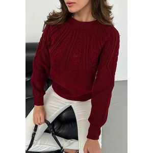 Nosia Fashion Saç Örgü Desenli Bordo Renk Triko Kazak