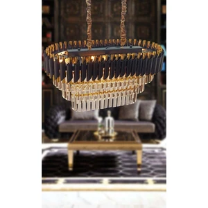 Birsen Aydınlatma Avizade Zamira 75X35 cm Kristal Taşlı 3 Katlı Yemek Masası Üstü Lüks Avize 6 Lı (Black-Gold)