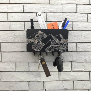 Dekoratif Siyah Çizgisel Dağ Motifli Bölmeli Anahtarlık Dekor Askılık