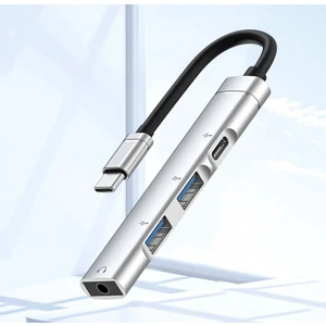 Coverzone Ses Kartlı USB Hub Çoklayıcı Adaptör 4 In 1 Ses Kartlı Usb/type-C To USB 3.0, USB C ve 3.5mm Jak Çıkışlı Macbook Uyumlu Çevirici Adaptör Çok Portlu Çoklayıcı 4in1 USB Hub Gümüş Renk ZR615