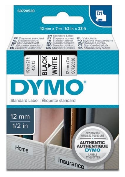 D1 Şerit Standart 12 mm x 7 mt Beyaz Üzerine Siyah 45013 S0720530