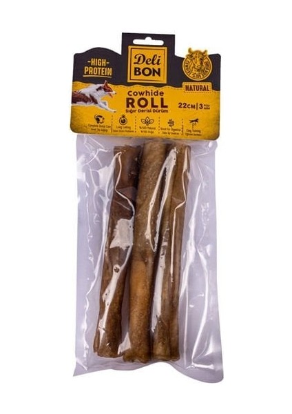 Deri El Işi Dürüm Doğal Kemik Köpek Ödülü Naturel 22 cm 3 Adet