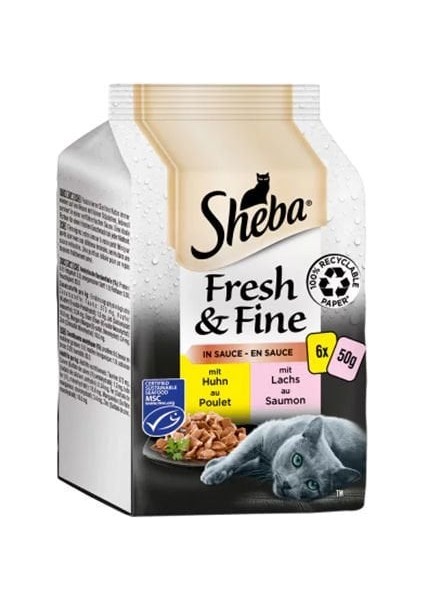 Sheba Pouch Fresh & Fine Sos Içerisinde Tavuklu ve Somonlu Yetişkin Konserve Kedi Maması 6 Adet 50 gr