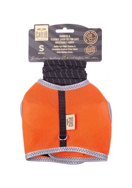 Cattie Havalı Dokuma Kedi Göğüs ve Gezdirme Takımı Small Turuncu 1X20-30 cm