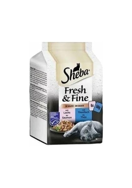 Sheba Pouch Fresh & Fine Sos Içerisinde Ton Balıklı ve Somonlu Yetişkin Konserve Kedi Maması 6 Adet 50 gr