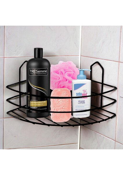 Banyo Duş Rafı Şampuanlık Köşelik Oval Siyah Tek Katlı Malzemelik Organizer Aksesuar Düzenleyici Mutfak Eşya Rafı