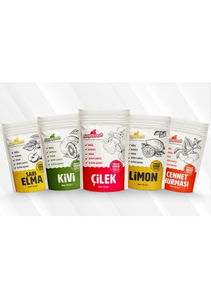 Dondurularak Kurutulmuş Meyve 5'li Set 1 (Kivi 20G,SARI Elma 25G,LIMON 20G,ÇILEK 15G,C. Hurması 30G)