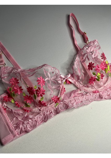 Balenli Tül Dantel Işlemeli Renkli Çiçekli Pembe Sütyen Bralet Takım - Kadın İç Giyim modelleri
